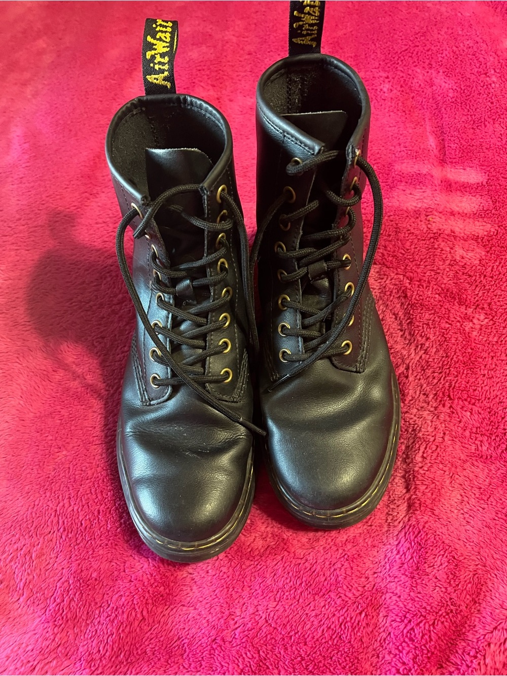 Dr. Martens Black Leather 8-Eye Lace-Up Combat Boots with Yellow Stitching